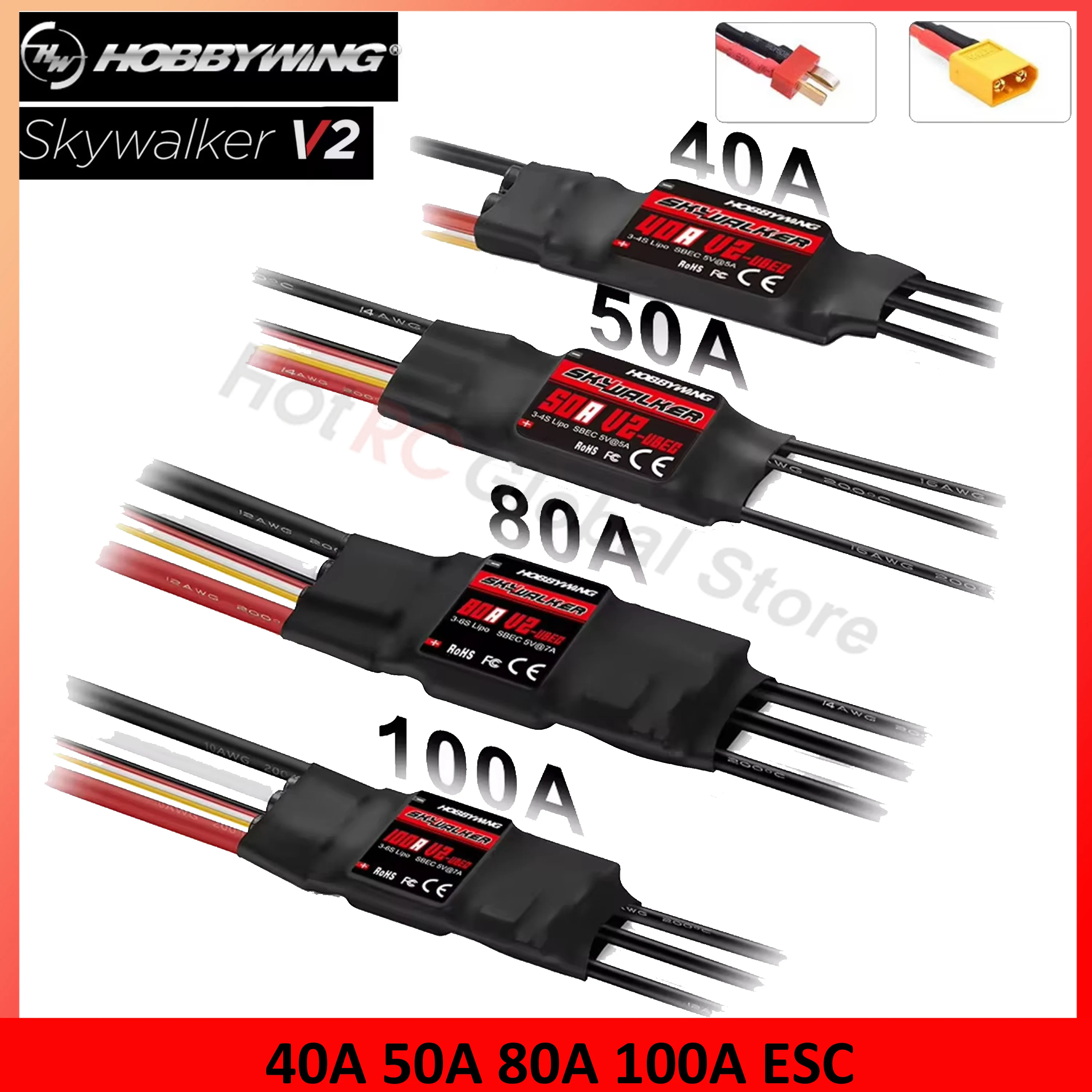 Rc Hobby Motor - Hobbywing-Skywalker escスピードコントローラー,rc fpvドローン,クワッドコプター飛行機,v2シリーズ,40a,50a,80a,100a,t xt60プラグ
